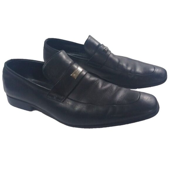 Men's Gucci Florence Black Leather Slip On Loafers Silver G Spell Out Logo
